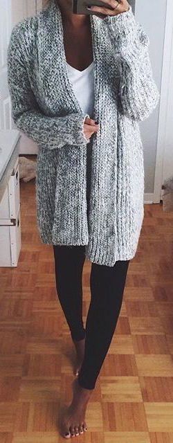 knit cardigan + top + balck skinnies pants