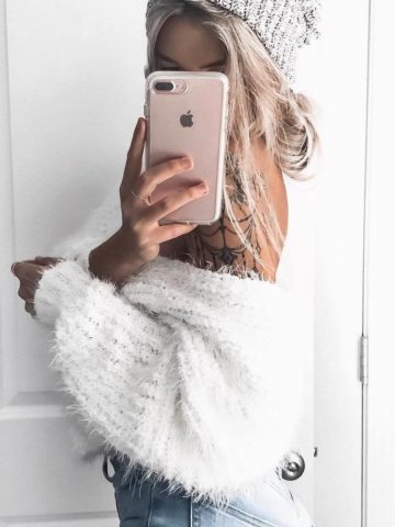 knit hat white sweater jeans