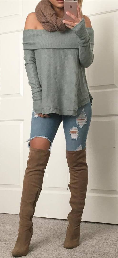 knit scarf + off shoulder sweater + rips + over the knee boots