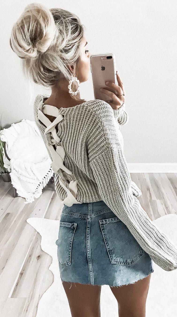 lace up sweater + denim skirt