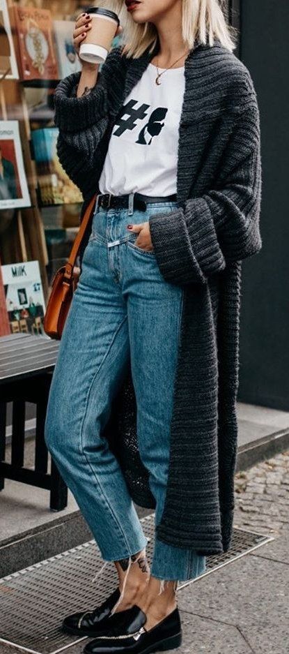 long knit cardi + printed top + jeans + loafers