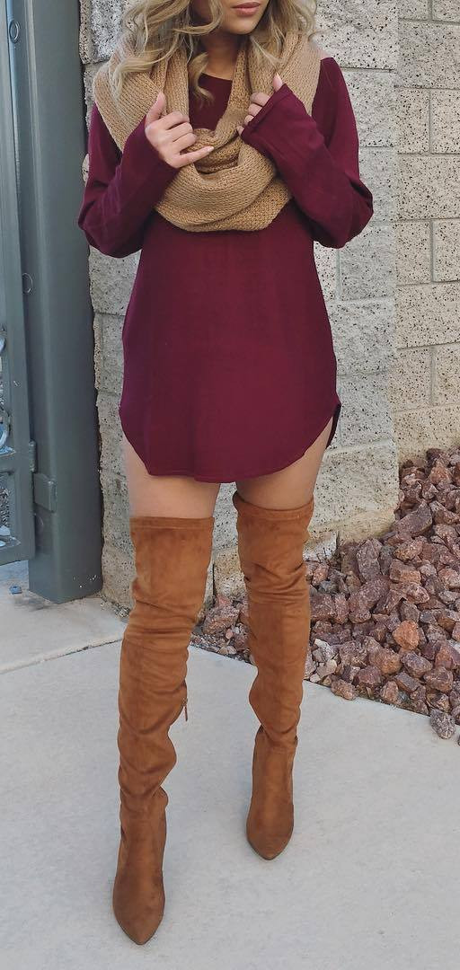 maroon dress + brown over the knee boots + knit scarf