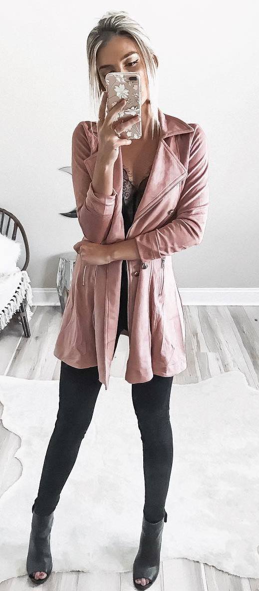 pink coat + lace top + skinnies + boots