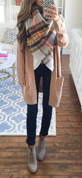 plaid scarf + cardigan + top + skinnies + boots