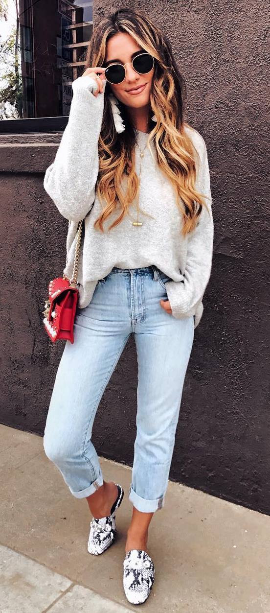 red bag + jeans + sweater