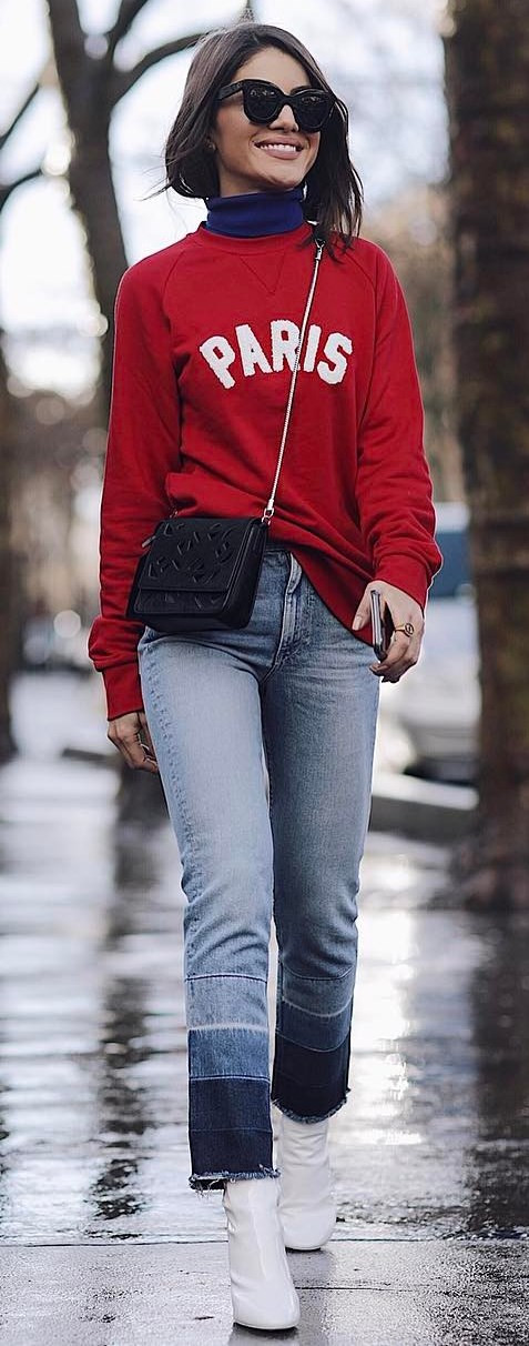 red sweatshirt + bag + jeans + boots