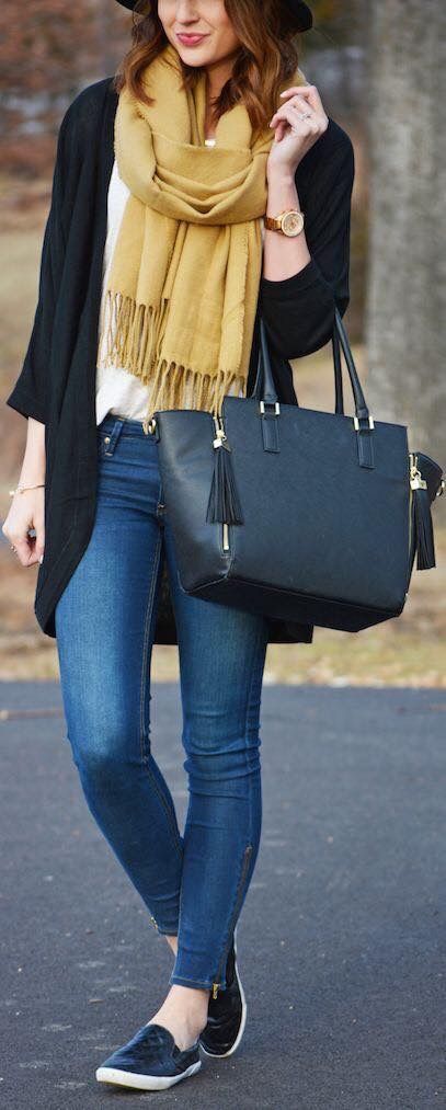 scarf + bag + top + skinny jeans