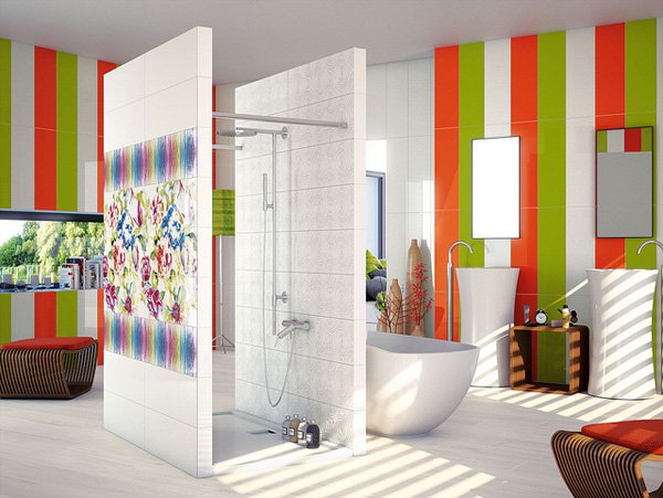 shower breaking the space, warm colours, modern shapes