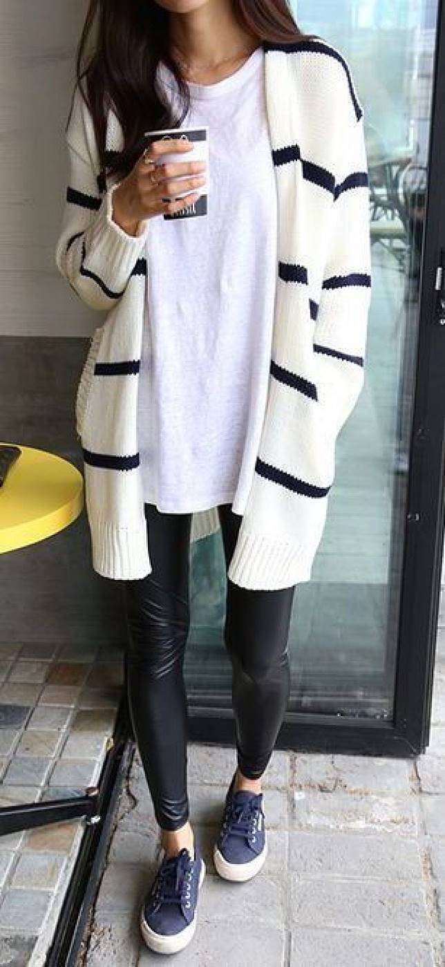 stripped cardi + white top + leather skinnies + sneakers