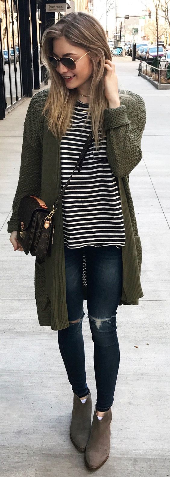 stripped top + bag + cardigan + rips + boots
