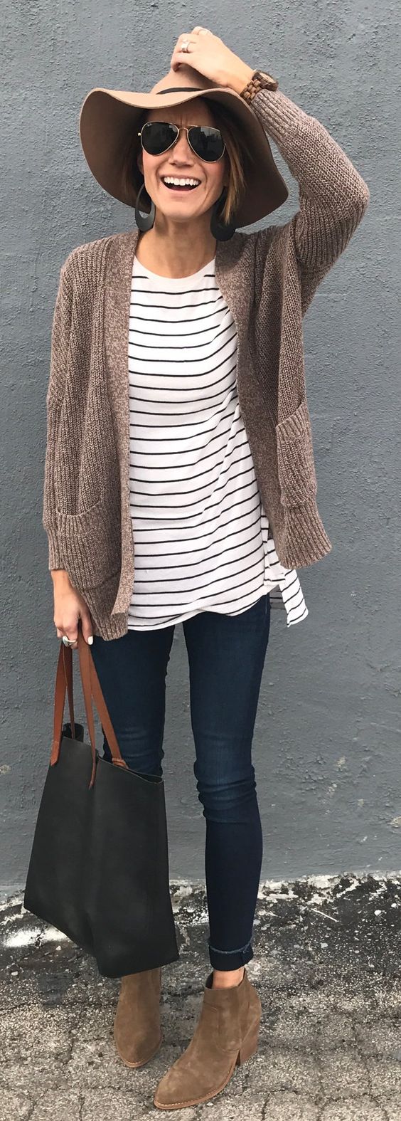stripped top + knit cardi + bag + jeans + boots