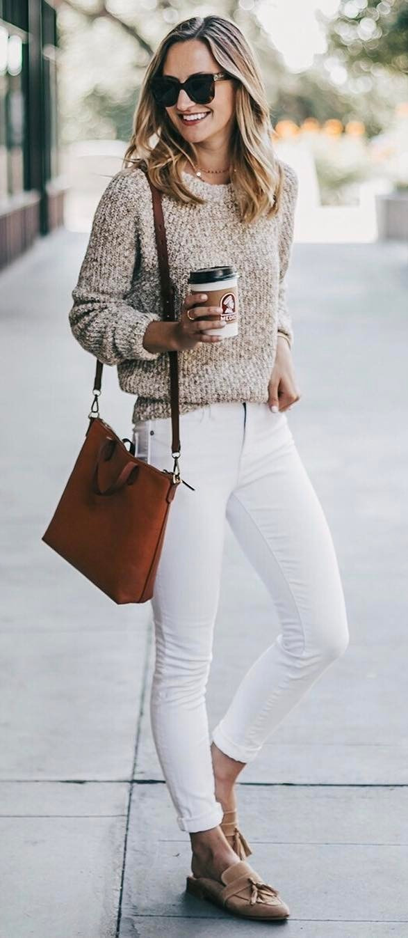 sweater + bag + white skinnies