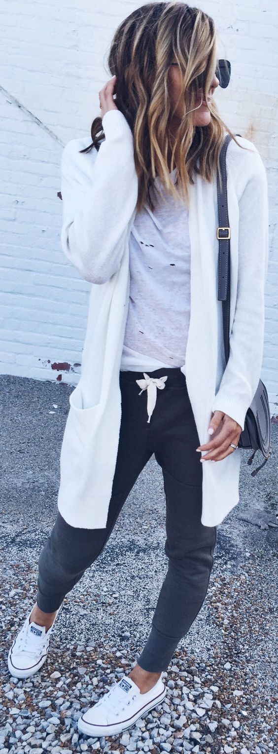 white cardi + top + bag + pants + sneakers