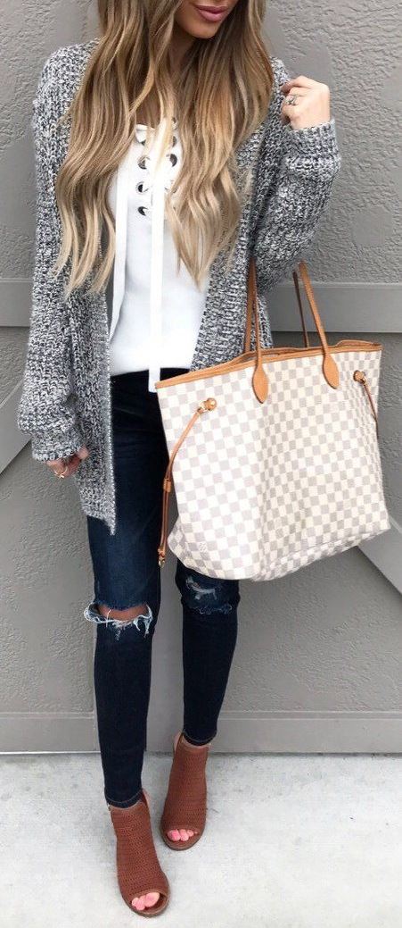 white lace-up sweater + plaid bag + cardigan + rips