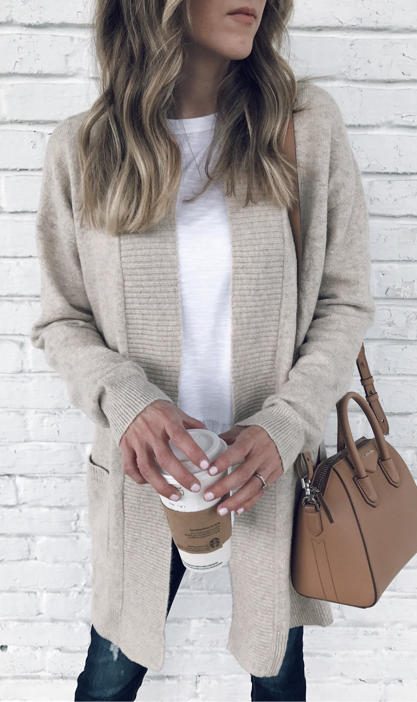 women's gray cardigan and white inner shirt outfit