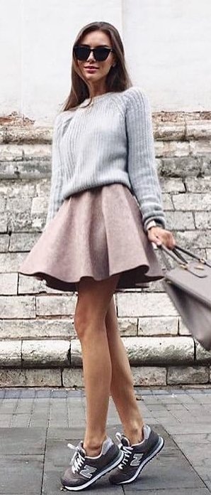 women's gray crew-neck sweater and brown mini skirt outfit