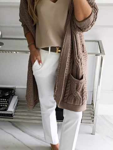 women's gray long cardigan, gray deep v-neck top, white dress pants, and black close-toe heels