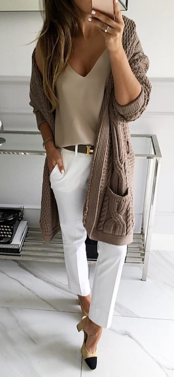 women's gray long cardigan, gray deep v-neck top, white dress pants, and black close-toe heels