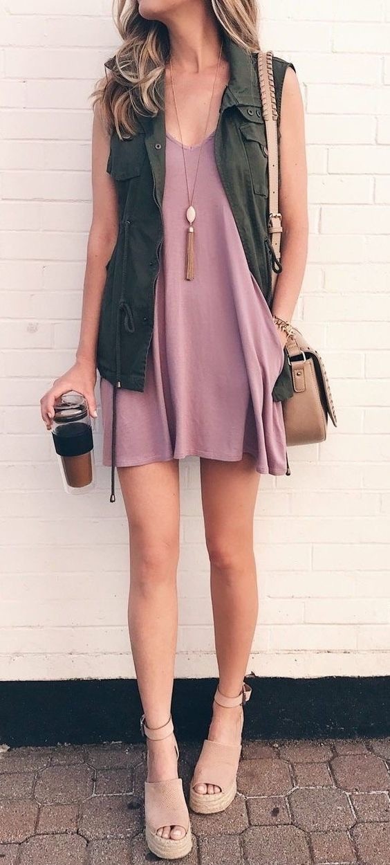 women's pink v-neck dress and grey denim vest