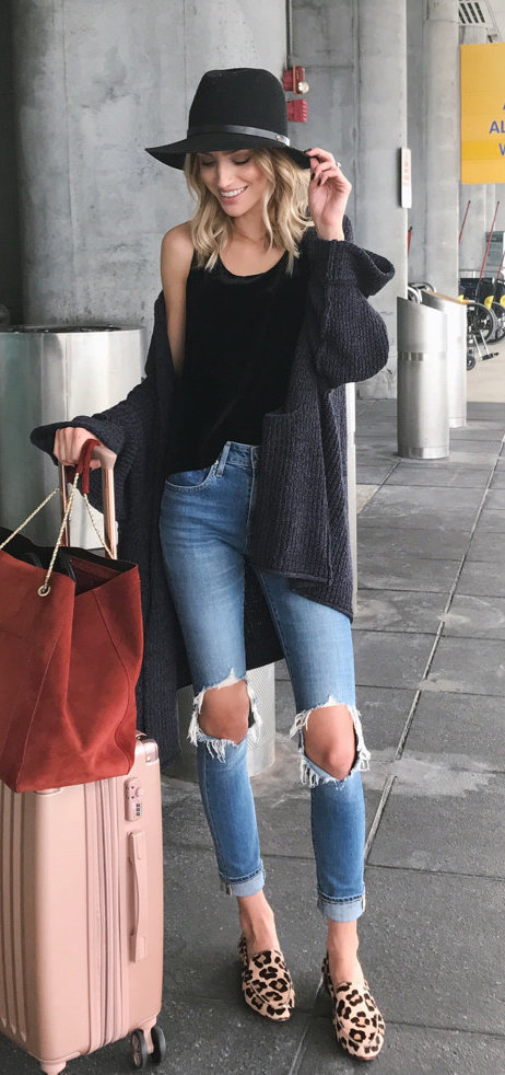 women's white tank top with gray cardigan and distressed jeans outfit