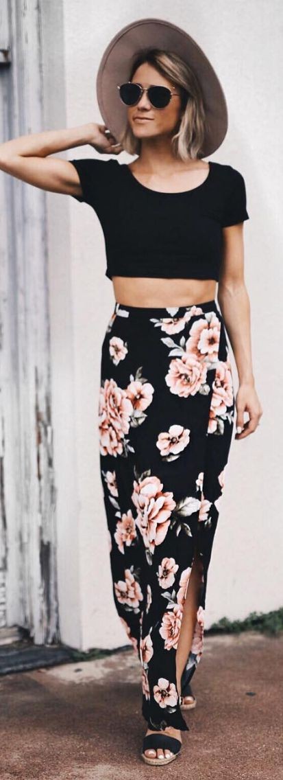 Black Crop + Black Floral Maxi Skirt