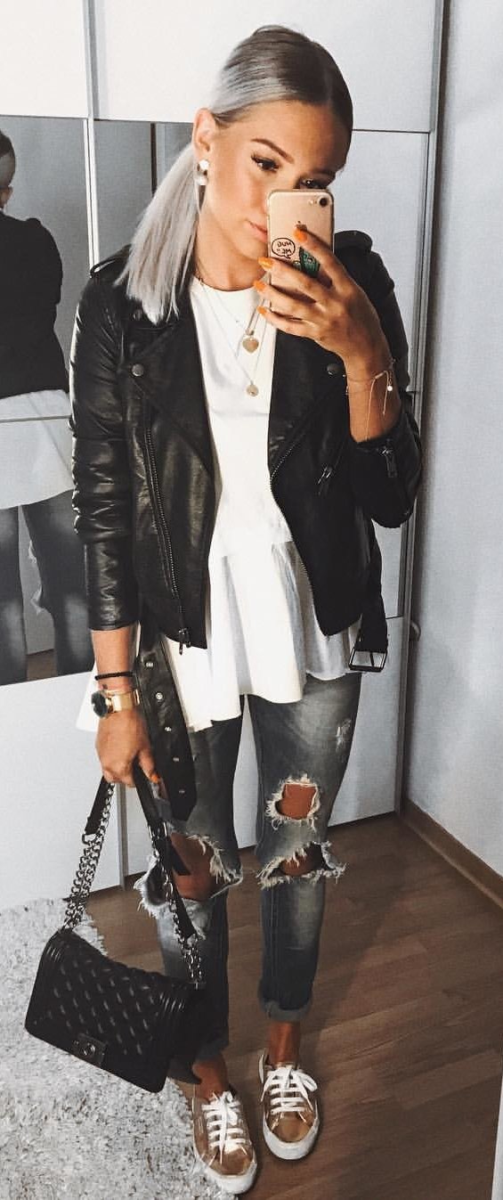 Black Leather Jacket + White Top + Destroyed Jeans