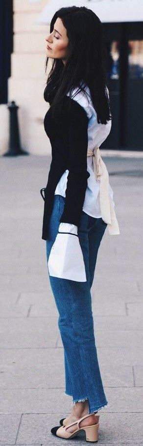 Black Sweater, White Bell Sleeve Blouse, Denim Jeans, Tan and Black Shoes