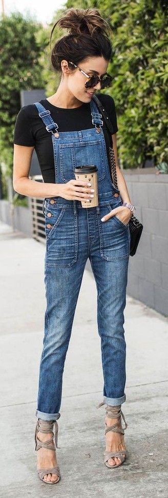 Black Tee, Denim Overalls, Taupe Strappy Sandals