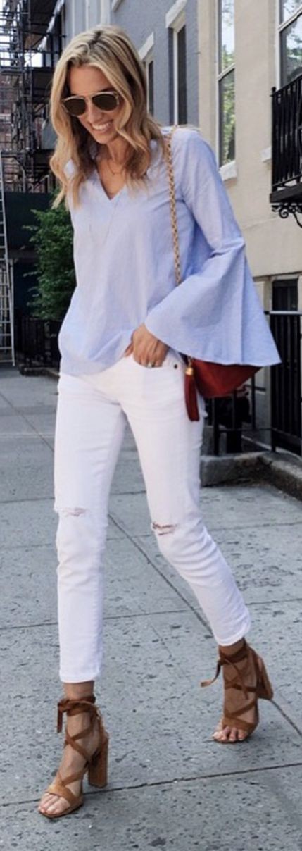 Blue Bell Sleeve Top + White Distressed Jeans