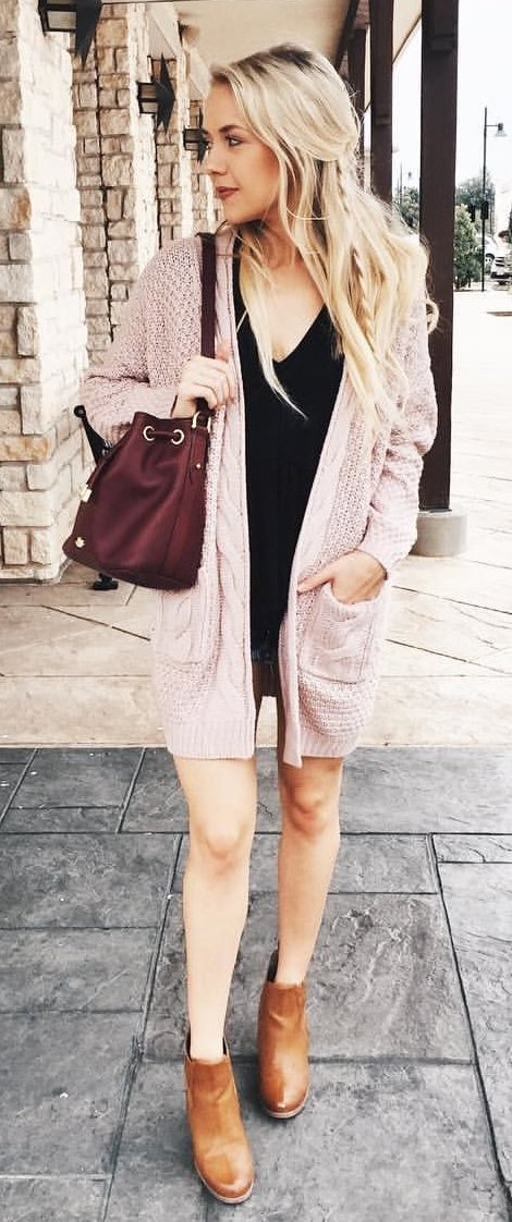 Blush Cardigan + Black Dress + Camel Leather Booties