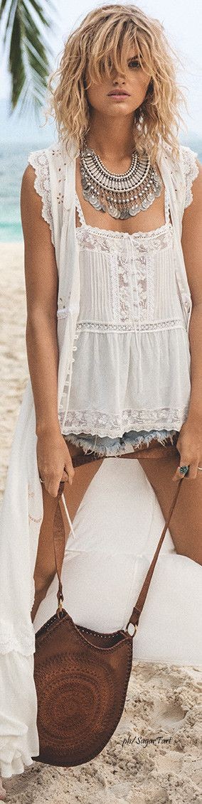 Bohemian white lace top + cutoffs