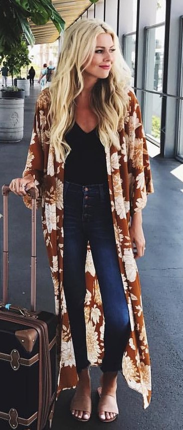 Brown Printed Maxi Cardigan + Black Top + Navy Skinny Jeans