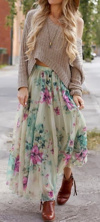 Cropped knit sweater + floral maxi skirt