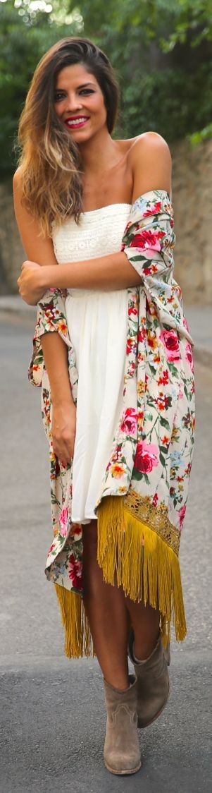 Ewigem Multicolor Boho Floral Fringe Kimono