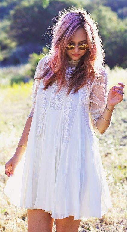Free People White Boho Inspired Flared Lace Neckline Dress