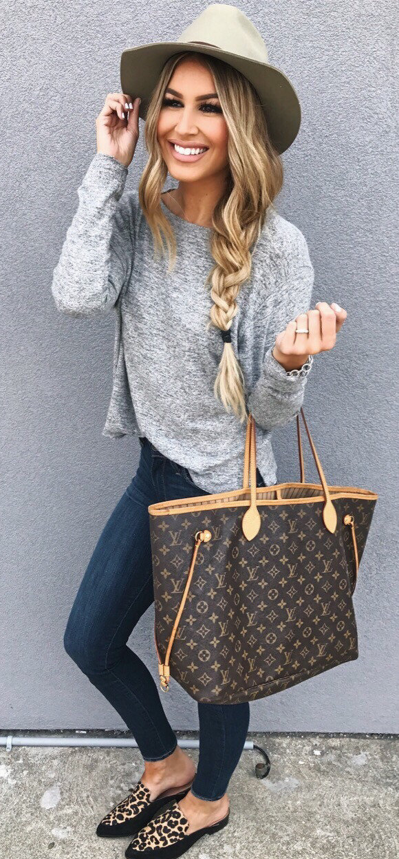 Grey Hat + Grey Knit + Navy Skinny Jeans