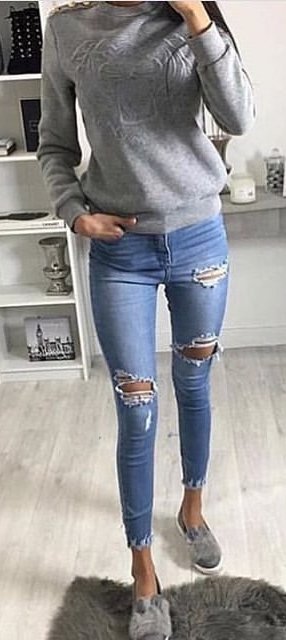 Grey Knit + Ripped Skinny Jeans