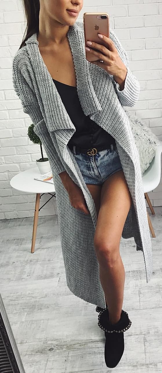 Grey Maxi Cardigan + Black Top + Denim Short