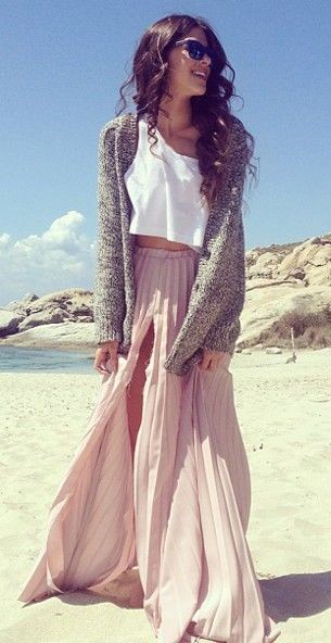 Grey knit + white crop top + nude pleated maxi skirt
