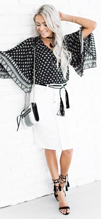 Ivory And Black Priint Crop Top + White Skirt