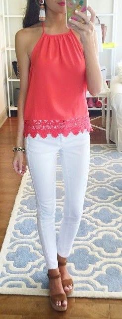 Lace Trim Halter Top + White Pants + Southern Curls & Pearls
