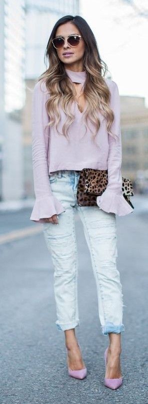 Lavender Bell Sleeve top, Leo Clutch, Ripped Jeans, Pink Heels