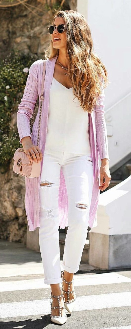 Pink Cardigan + White Tank + Ripped Skinny Jeans