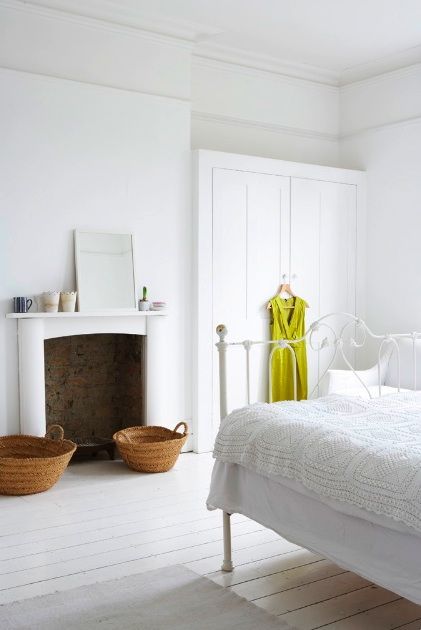 Raw Wood of the bedside Table, the Baskets by the Fireplace