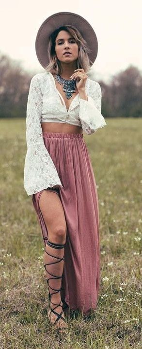 White Bell Sleeve Crop + Rust Maxi Skirt