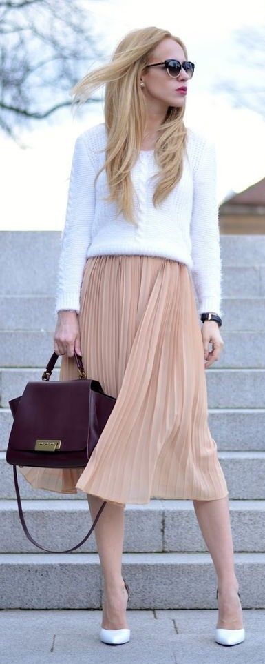 White Cable Knit Sweater, Tan Midi Pleated Skirt, Burgundy Bag, White Heels