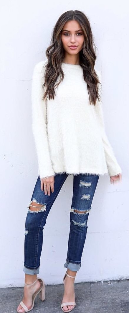 White Knit + Destroyed Skinny Jeans