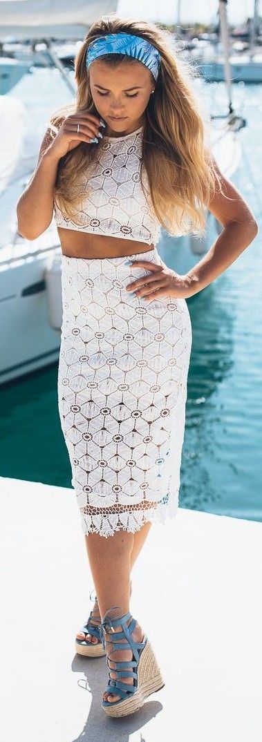White Lace Skirt and Crop Set + Pop Of Blue