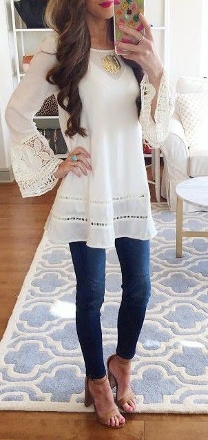 White Lace Tunic + Denim + Southern Curls & Pearls Source