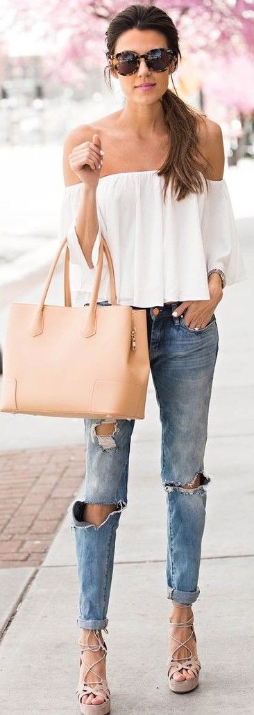 White Off The Shoulder Crop Top + Distressed Jeans